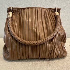 Miztique Tan Pleated Hobo Shoulder Bag with Braided Handle